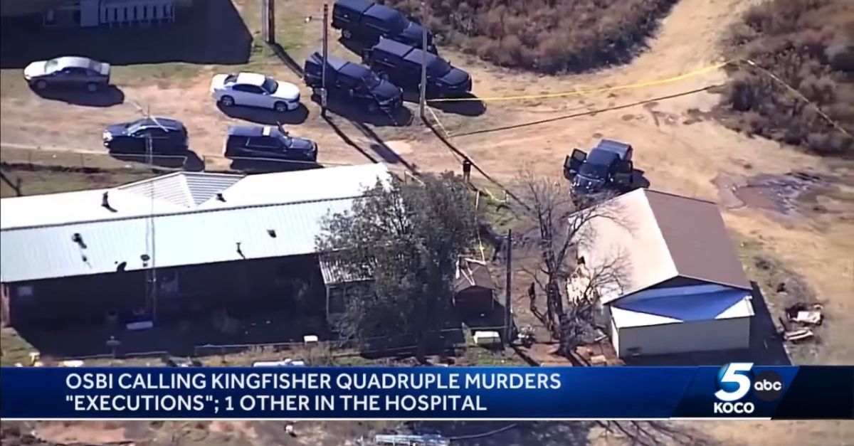 Three men have been indicted in an alleged conspiracy involving a medical marijuana business. One pot farm, pictured was where a worker shot and killed four. ((Aerial crime scene screenshot Oklahoma City ABC affiliate KOCO-TV)