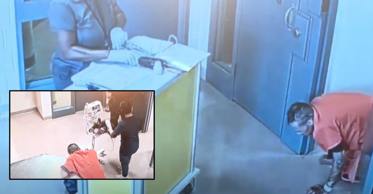NBC affiliate KARE YouTube screengrab footage from press conference held on Jan. 23, 2024 revealing surveillance footage that shows inmate Lucas Bellamy doubled over in pain and crawling on the floor as he suffered from a perforated bowel that went ignored by prison officials, according to a civil lawsuit filed by Bellamy