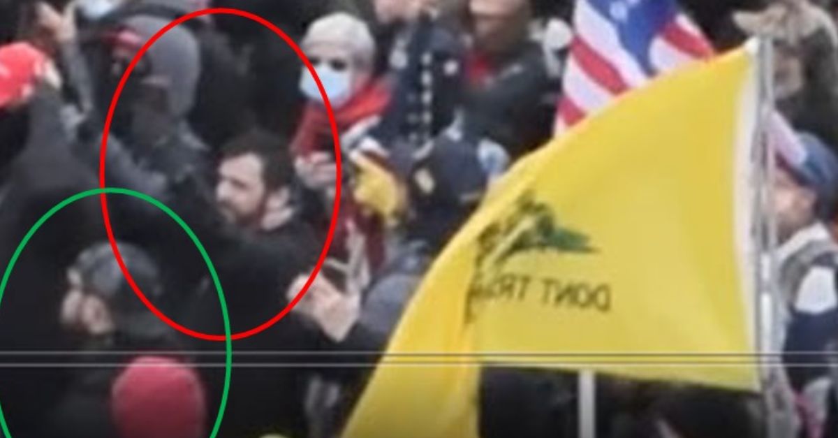 In this trial exhibit, Proud Boy Marc Bru appears in the mob outside of the Capitol on Jan. 6, 2021 circled in red. Just below him, circled by prosecutors in green is convicted seditionist and former Proud Boy Ethan Nordean. 