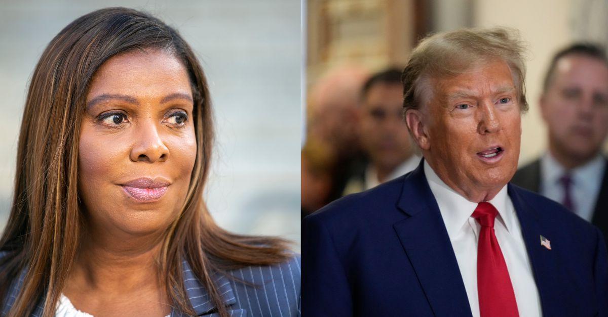 Left: New York Attorney General Letitia James speaks to the media, Nov. 6, 2023, in New York. AP Photo/Ted Shaffrey, File /Right: Former President Donald Trump speaks during a break in closing arguments at New York Supreme Court, Thursday, Jan. 11, 2024, in New York. (AP Photo/Seth Wenig)