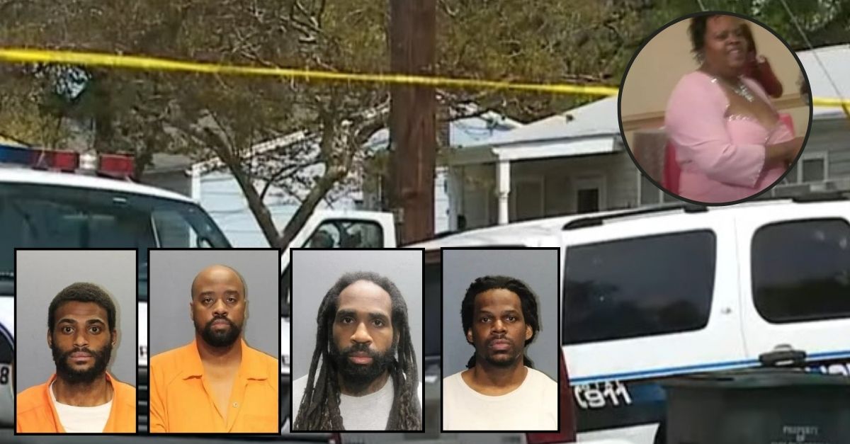 Background: Crime scene from homicide of Lillian Bond in 2020. YouTube screengrab WVEC. Top right: Lillian Bond. YouTube screengrab WVEC./Bottom left to right booking photos of Nelson Evans, Landis Jackson, Kalub Shipman, Jaquante Simpson Norfolk Police Department. 