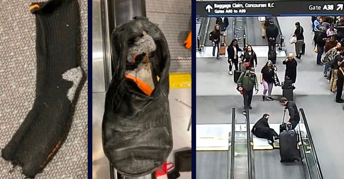 Kenneth Gow, a pilot for Delta Air Lines, rolled his foot at the end of a moving walkway at the Denver International Airport in 2022 (Screenshots from his attorney and the lawsuit)