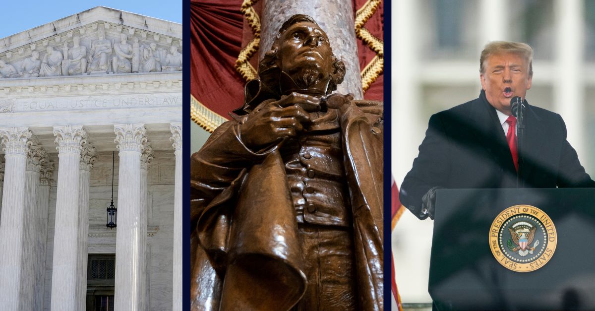 The U.S. Supreme Court is photographed on Wednesday, Jan. 17, 2024, in Washington. (AP Photo/Mariam Zuhaib)/ UNITED STATES - JUNE 30: The statue of Confederate president Jefferson Davis stands in National Statuary Hall on Wednesday, June 30, 2021. (Photo by Bill Clark/CQ Roll Call via AP Images)/ President Donald Trump speaking on Jan. 6, 2021. (AP Photo/Evan Vucci, File)