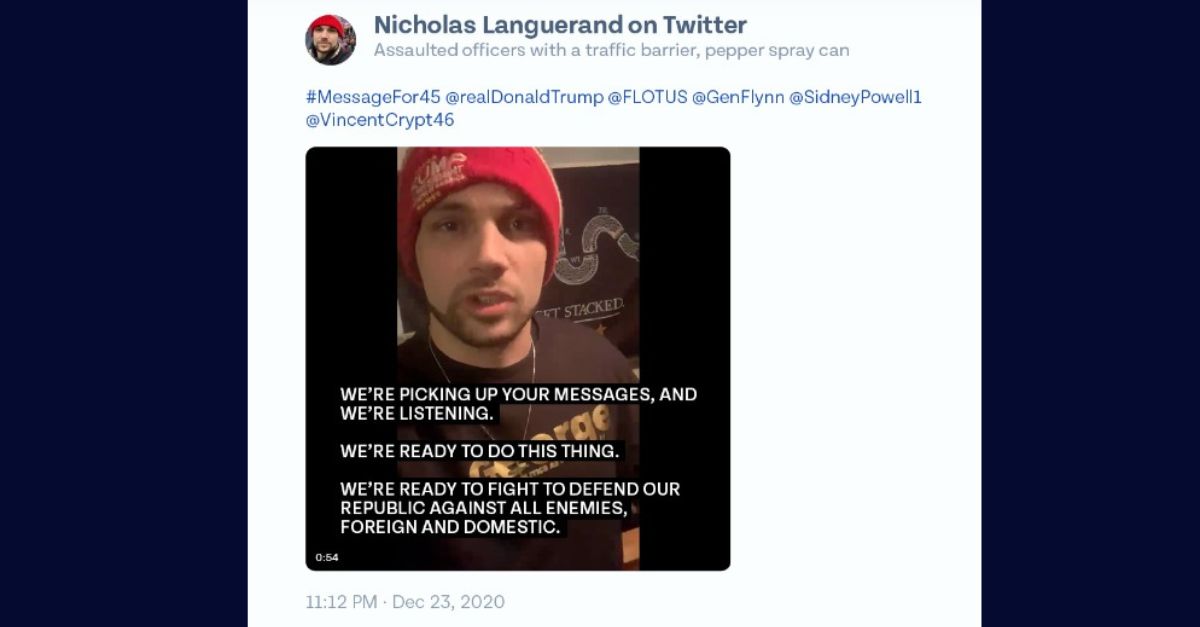 In one example of records culled by CREW, Jan. 6 rioter Nicholas Languerand, charged with assaulting officers and pepper spraying them, posted a message four days after Donald Trump issued his "will be wild" tweet inviting supporters to the nation's capitol. 