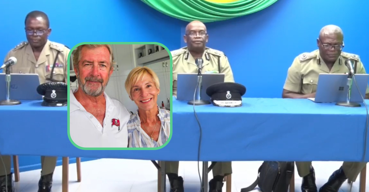 Police in Grenada say that escapees likely threw Ralph Hendry and Kathy Brandel, seen in the inset, overboard. (Screenshot: GIS TV; image of the couple: GoFundMe campaign)