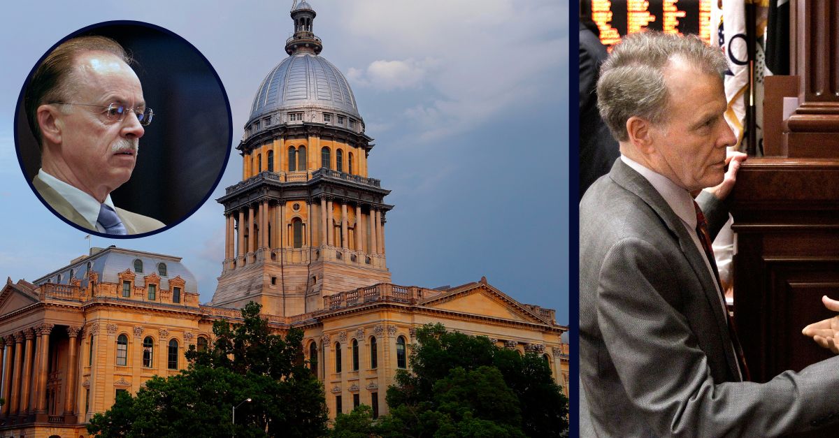Inset top left: his Oct. 4, 2007 file photo shows Tim Mapes, chief of staff to Illinois House Speaker Madigan at the Illinois State Capitol in Springfield, Ill. (AP Photo/Seth Perlman, File)/ Background: The Illinois State Capitol is seen during sunset in Springfield, Ill. (AP Photo/Seth Perlman)/Right: ap file photo Illinois Speaker of the House Michael Madigan. (AP Photo/Seth Perlman, File)