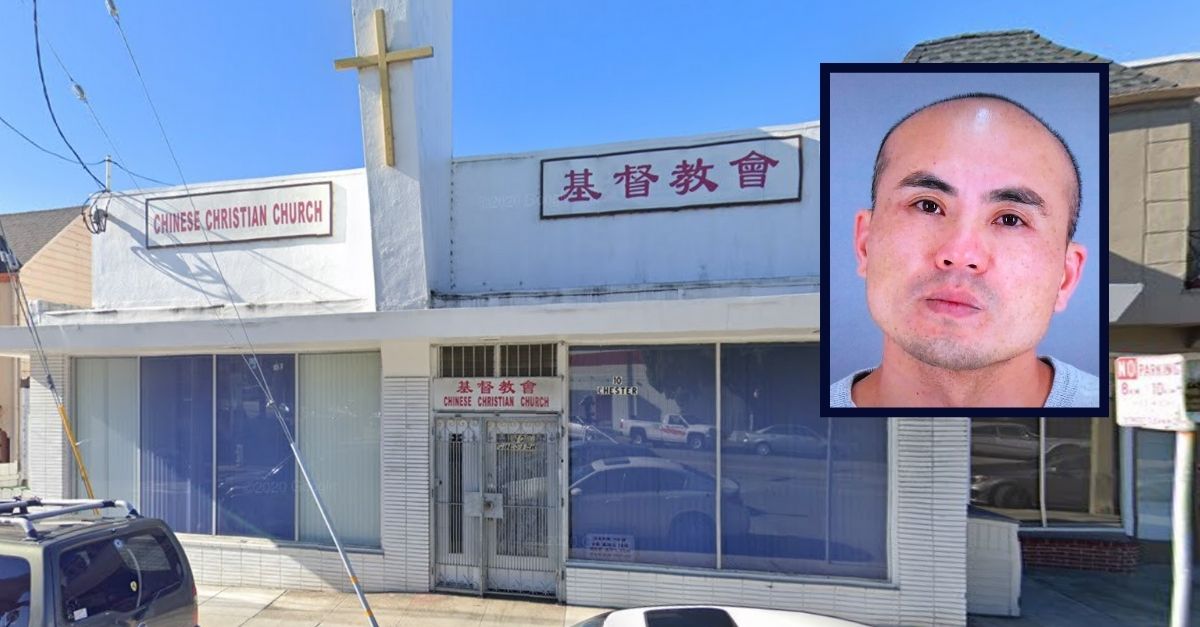 Main image shows the Chinese Christian Church in San Francisco; Wyn Leung appears in a booking photo, inset on the right