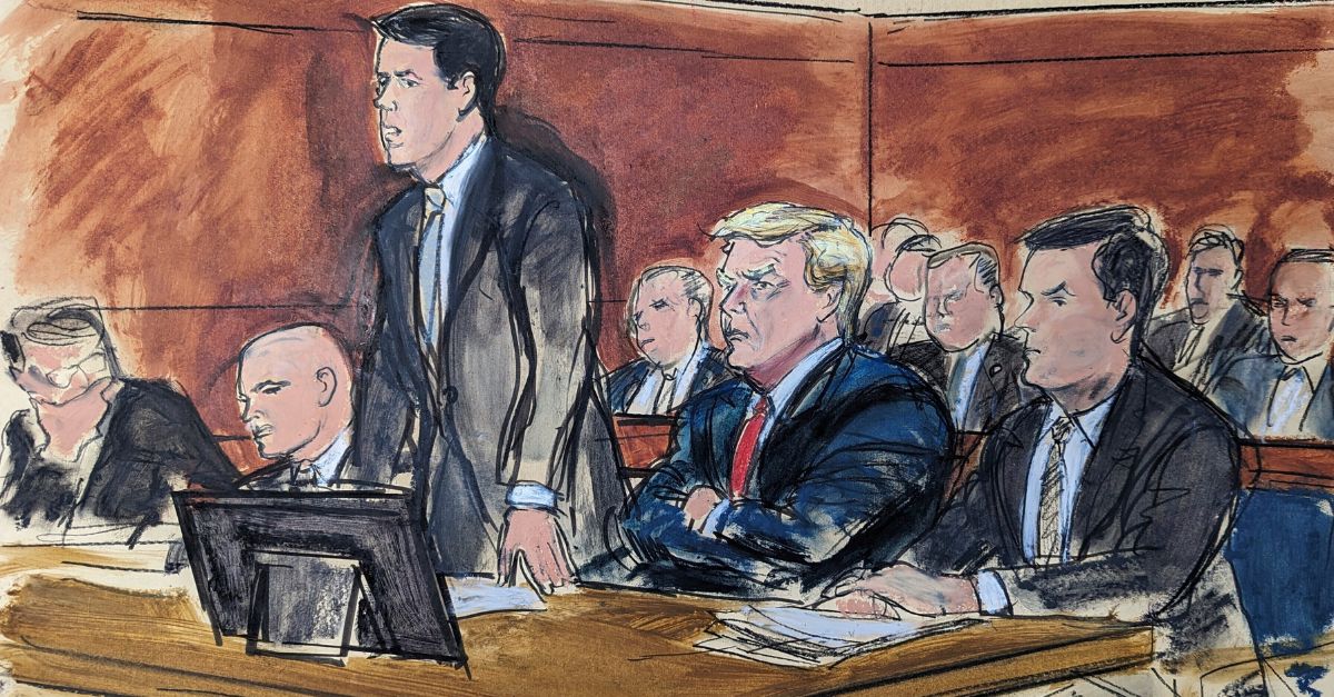 In this courtroom sketch, attorney Todd Blanche stands as he enters a plea of not guilty on behalf of former President Donald Trump, second from right, in federal court, Tuesday, June 13, 2023, in Miami. From left are: Stanley Woodward, Walt Nauta, Blanche, Trump and Chris Kise. (Elizabeth Williams via AP)
