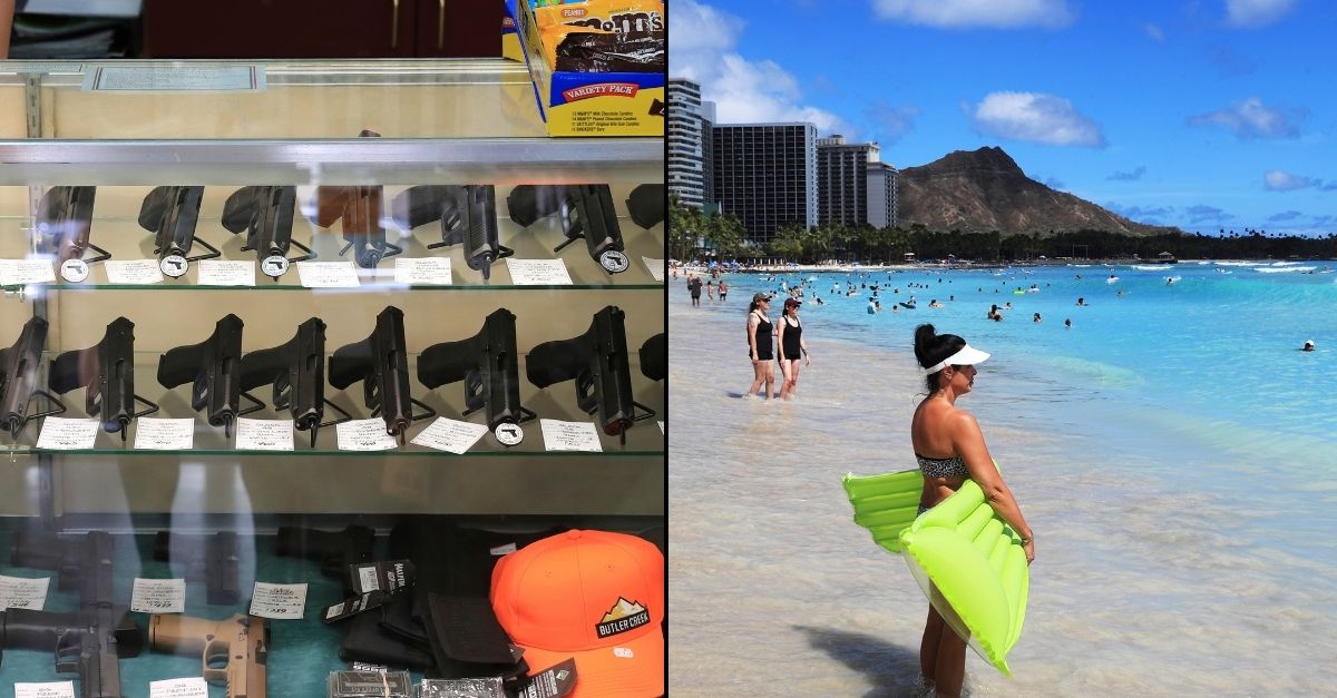 Left: FILE - Handguns are displayed at a gun shop on June 23, 2022, in Honolulu. A ruling by Hawaii