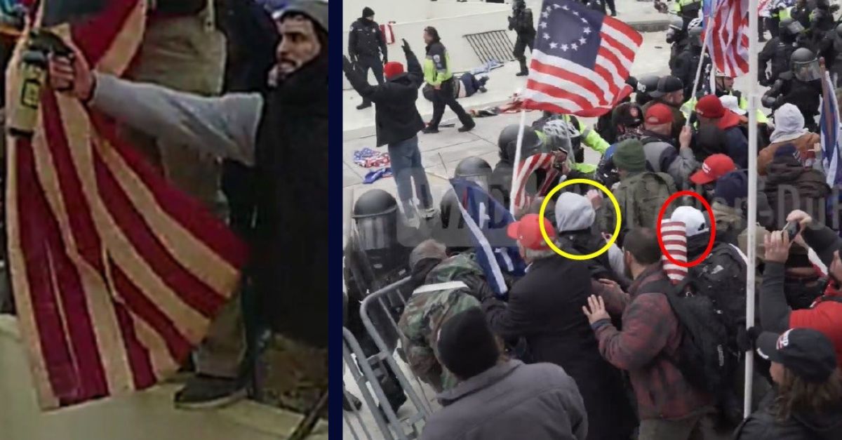 Left: Department of Justice photo exhibit showing Matthew Valentin spraying a chemical irritant at police on Jan. 6, 2021. Right: Brothers Matthew and Andrew Valentin, circled in yellow and red, appear in footage breaching police barricades.