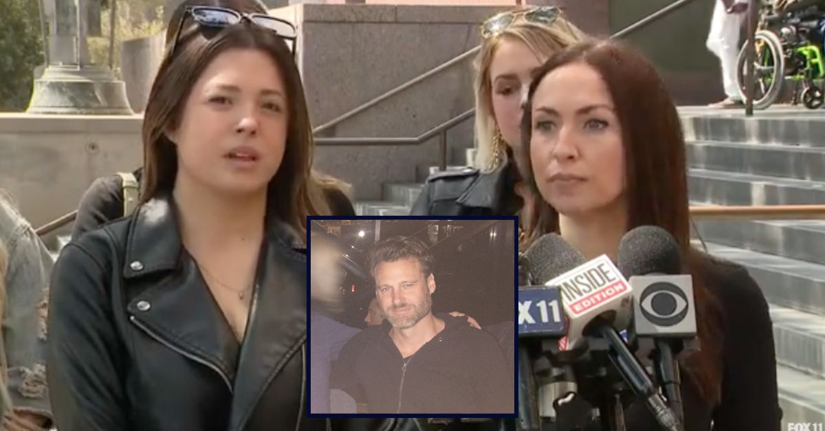 Olivia Berger, left, and Vanessa Valdez, right, speak at a press conference on behalf of women being sued by Stewart Lucas Murrey, who they all dated (YouTube screengrab/KTTV). Inset: Murrey (via lucasmurrey.com).