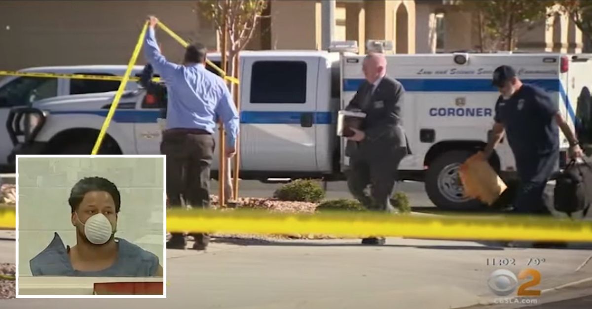Germarcus David appearing in court (KABC screenshot) and the scene outside of the home where he killed his 4 kids and their grandmother (KCBS screenshots)