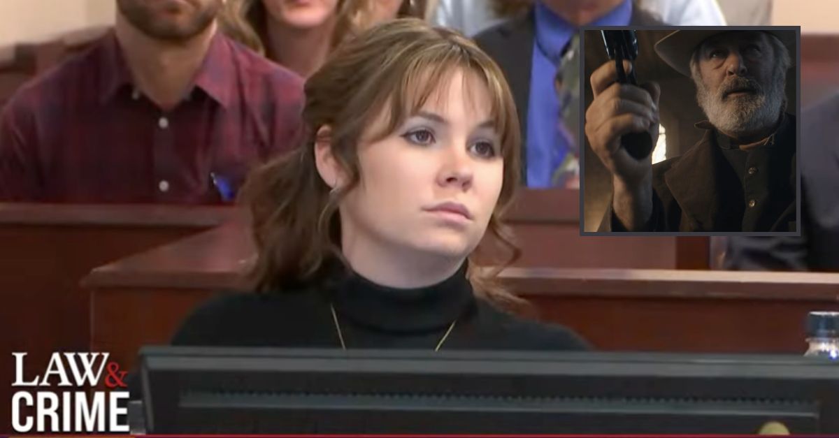 Hannah Gutierrez-Reed watches closing arguments in her manslaughter trail on Wednesday, March 6, 2024, in Santa Fe, New Mexico (via Law&Crime). Inset: Alec Baldwin holds a gun on the set of the movie "Rust" (Santa Fe Sheriff