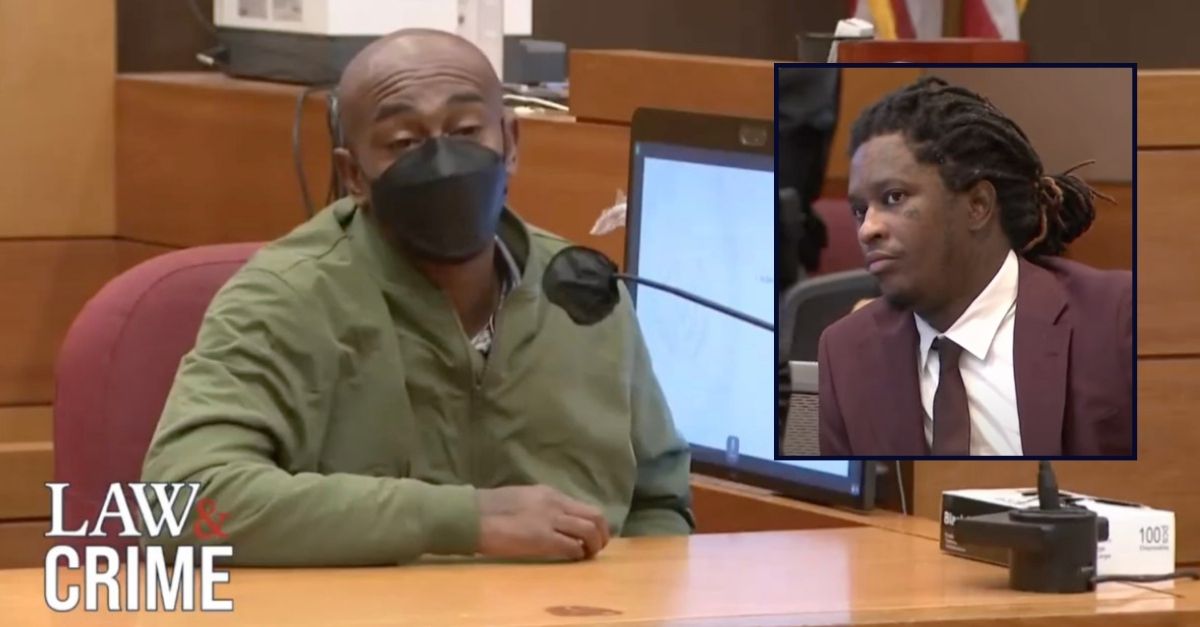 Main image: Adrian Bean in Fulton County Superior Court on March 19, 2024; Inset right: Young Thug watches on in court. (Law&Crime Network)