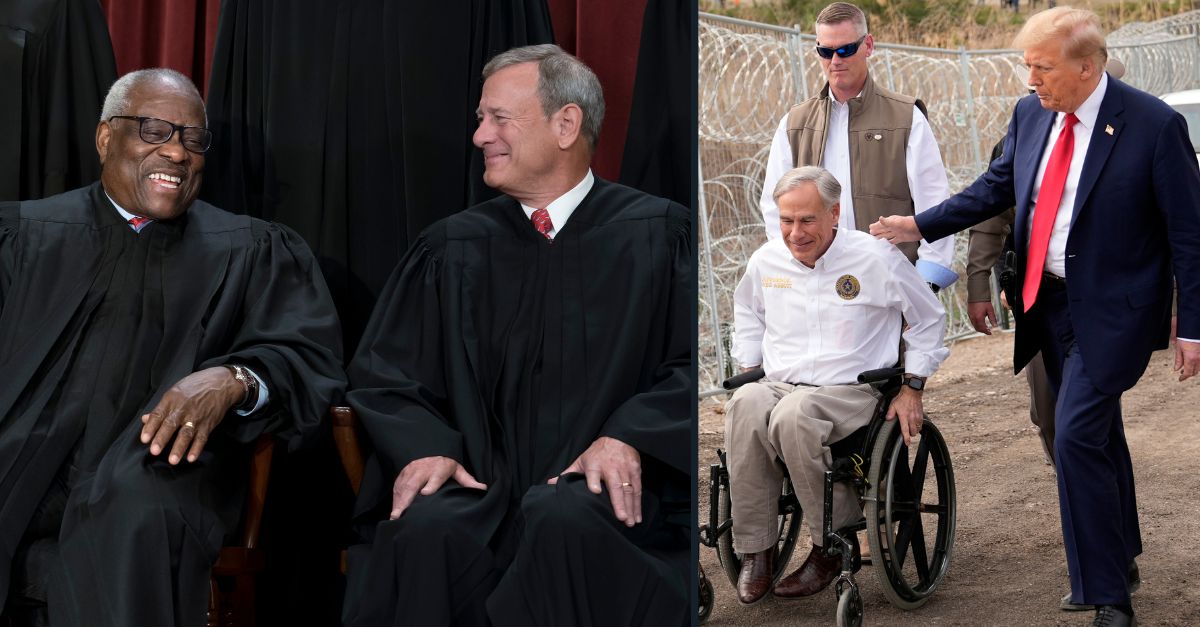 Left: Associate Justice Clarence Thomas and Chief Justice of the United States John Roberts sit for a new group portrait following the addition of Associate Justice Ketanji Brown Jackson, at the Supreme Court building in Washington, Friday, Oct. 7, 2022. (AP Photo/J. Scott Applewhite). Right: Republican presidential candidate former President Donald Trump talks with Texas Gov. Greg Abbott at Shelby Park during a visit to the U.S.-Mexico border, Thursday, Feb. 29, 2024, in Eagle Pass, Texas. (AP Photo/Eric Gay). 