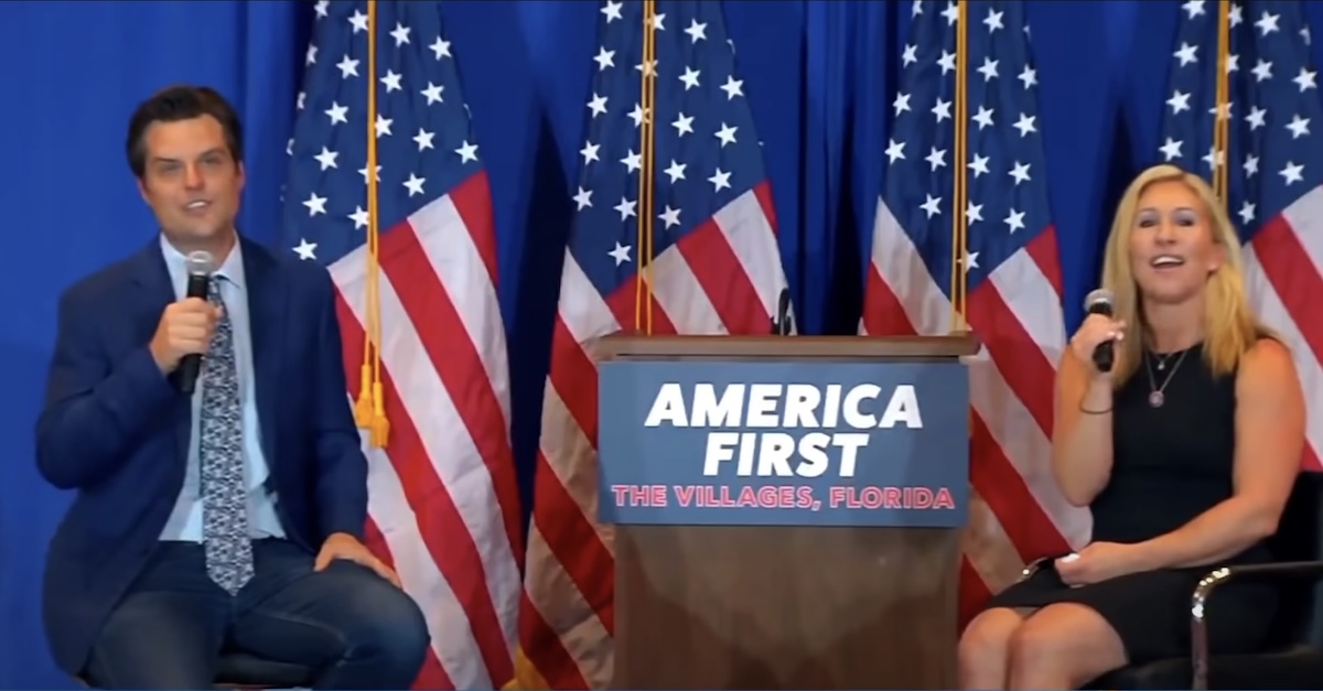 Matt Gaetz and Marjorie Taylor Greene at America First rally in Florida (YouTube screenshot)