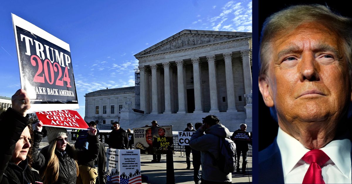People show their opinions in front of the U.S. Supreme Court in Washington on Feb. 8, 2024. Yomiuri Shimbun via AP/Republican presidential candidate former President Donald Trump speaks at the National Rifle Association