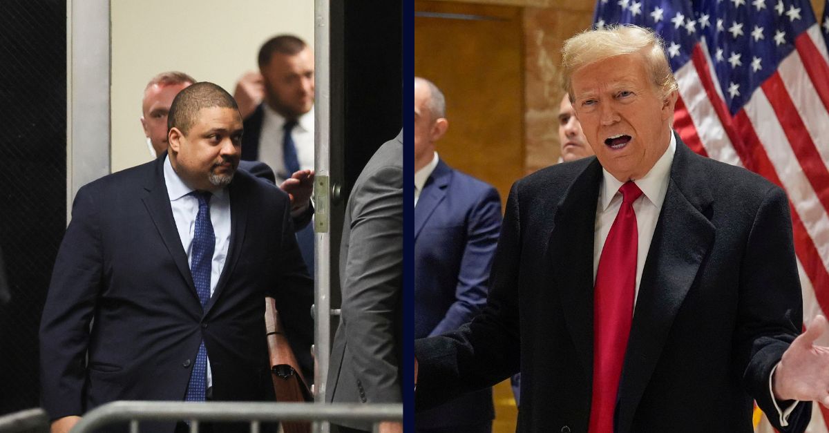 Left: Manhattan District Attorney Alvin Bragg walks in the hallway outside a courtroom where former President Donald Trump is attending a hearing in his criminal case on charges stemming from hush money paid to a porn star in New York, Monday, March 25, 2024. (Brendan McDermid/Pool Photo via AP)/Right: Former President Donald Trump speaks during news conference Monday, March 25, 2024, in New York. (AP Photo/Frank Franklin II)