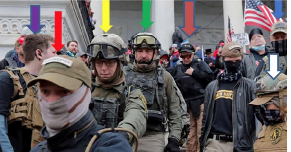 A Justice Department exhibit from the Oath Keepers trial depicts several members who were at the Capitol on Jan. 6. Highlighted with a green arrow is Ohio resident Donovan Crowl. From left to right: David Moerschel identified by red arrow; William Isaacs in purple, Jessica Watkins under yellow arrow, Laura Steele identified with orange arrow. Kelly Meggs is identified with a blue arrow and Connie Meggs, his wife, identified with white arrow. 