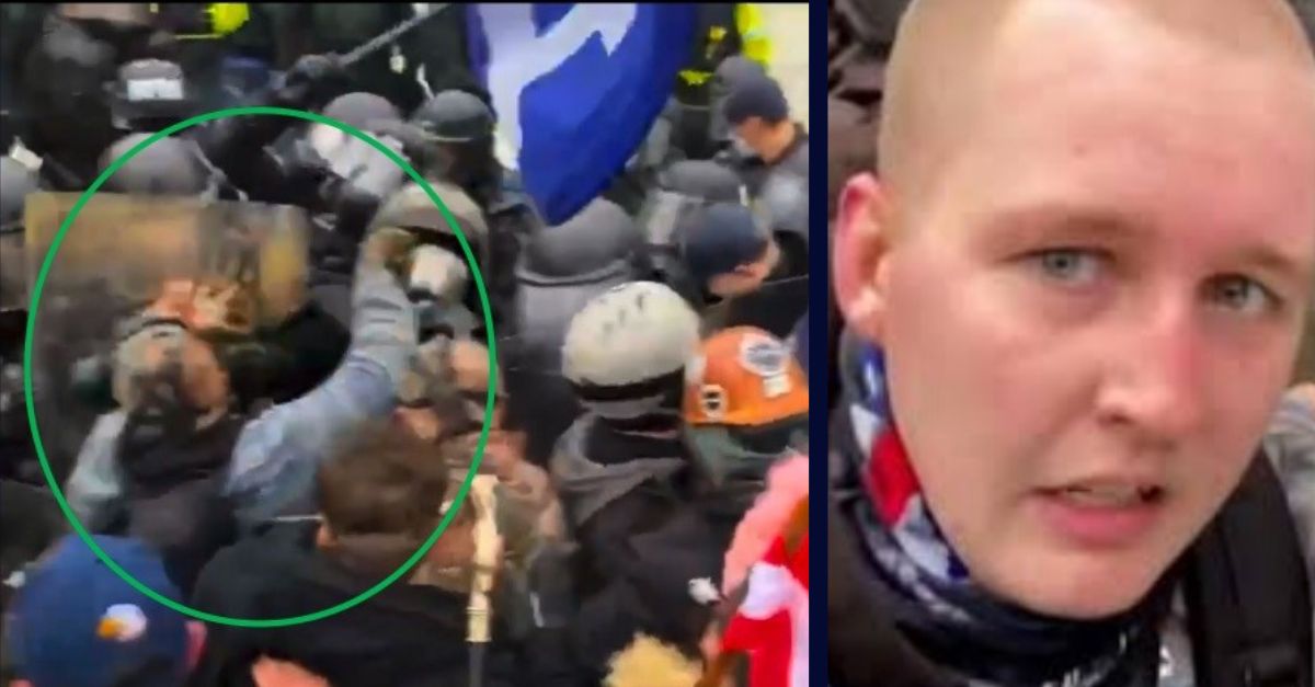Left: Justice Department court records show Jan. 6 rioter Clifford "Cliff" Mackrell, circled in green, grabbing at an officer