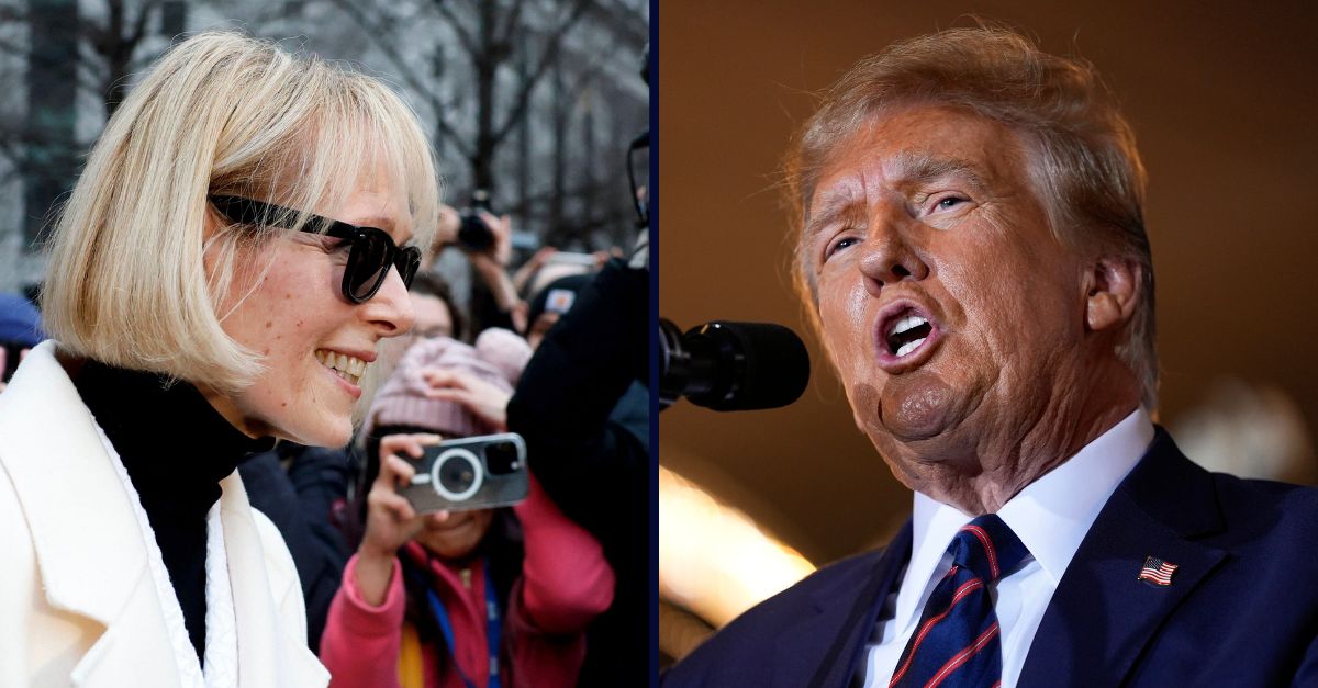 Left: Journalist E. Jean Carroll departs from the courthouse after the conclusion of the damages trial against Donald Trump at Manhattan Federal Court on Friday, January 26, 2024 in New York City. (John Angelillo, Alamy Live News via AP)/ Right: Republican former President Donald Trump speaks at a primary election night party in Nashua, N.H., Jan. 23, 2024. AP Photo/Matt Rourke.)