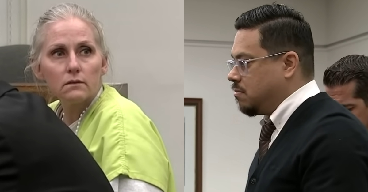 James Alvarez, right, speaks at the sentencing hearing of Courtney Fritz Pandolfi, right, on April 12, 2024. Pandolfi pleaded guilty to murdering Alvarez