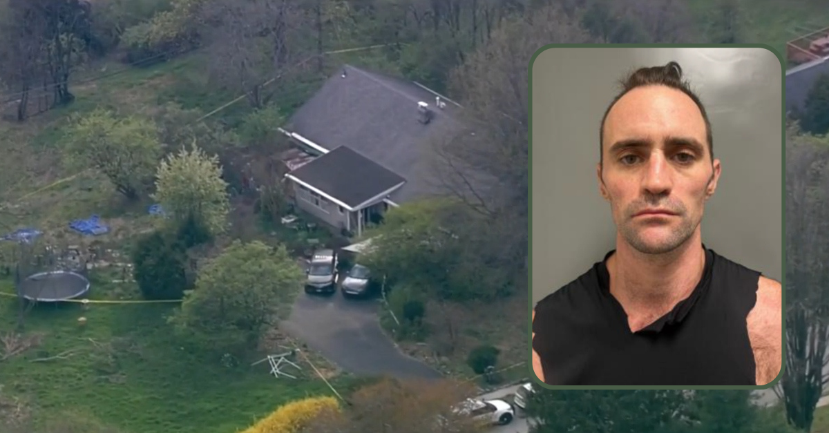 Police show up to the home of Elizabeth Shea. Authorites say that her estranged husband, Kenneth Shea (seen in the inset), broke into her home and stabbed her to death. (Screenshot: WCAU; mugshot: Montgomery County District Attorney