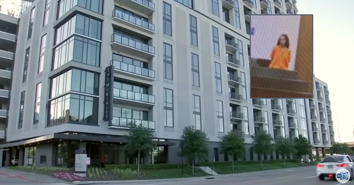 Background: The high-rise apartment building in Houston, Texas, where Lakesha Woods Williams allegedly left her two young children while she went on a cruise (via YouTube/KTRK). Inset: Lakesha Woods Williams appears in court on April 12, 2024 (Harris County District Courts via KTRK).