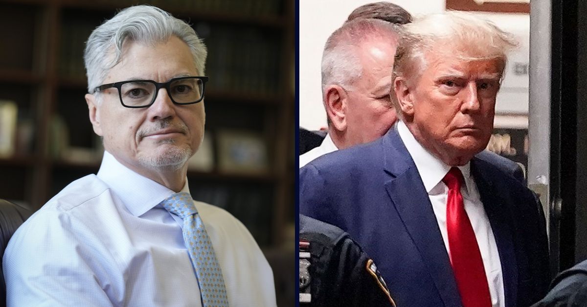 Left: Judge Juan Merchan poses for a picture in his chambers in New York, Thursday, March 14, 2024. Merchan is presiding over Donald Trump’s hush money case in New York (AP Photo/Seth Wenig). Right: FILE - Former President Donald Trump is escorted to a courtroom, April 4, 2023, in New York (AP Photo/Mary Altaffer, File).