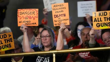 People hold signs in the gallery against a bill that would allow some teachers to be armed in schools during a legislative session in the House chamber Tuesday, April 23, 2024, in Nashville, Tenn. (AP Photo/George Walker IV)