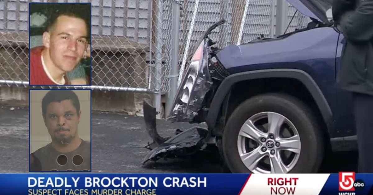 Background: The car involved in the deadly attack on Stuart Smith (YouTube screengrab/WCVB). Inset top: Victim Stuart Smith (via Facebook). Inset bottom: Murder suspect Vasco Semedo (YouTube screengrab/WBZ).