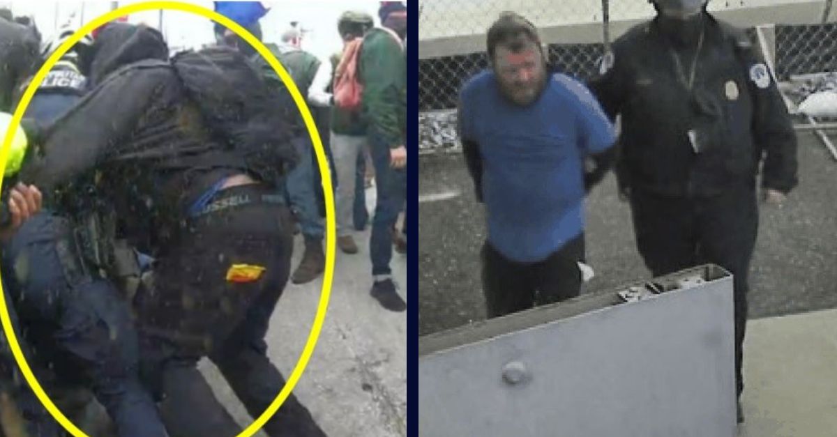 Left to right: Justice Department charging exhibit photos allegedly show Jan. 6 rioter and Proud Boys member Steve Saxiones using a "wrestling move" on an officer protecting the Capitol; Saxiones is arrested by Capitol Police on Jan. 6, 2021. He was released the same day.