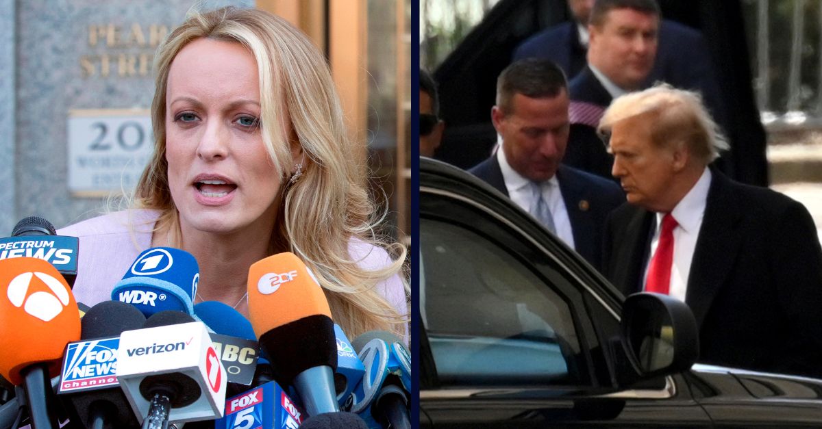 Left: - Adult film actress Stormy Daniels speaks outside federal court on April 16, 2018, in New York. (AP Photo/Mary Altaffer, File)/Right: Former U.S. President Donald Trump departs New York County Criminal Court related to his 