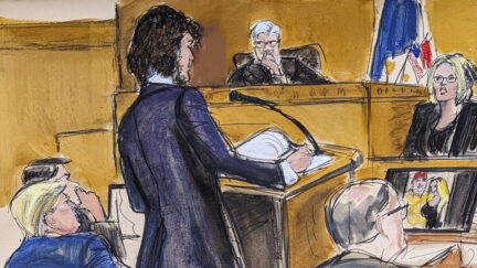 Stormy Daniels, on the far right, testifies in Donald Trump's criminal trial in New York City in a courtroom sketch