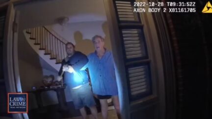 Body-worn camera footage appears to show David DePape and Paul Pelosi seconds before DePape attacks Pelosi with a hammer (via Law&Crime Network).