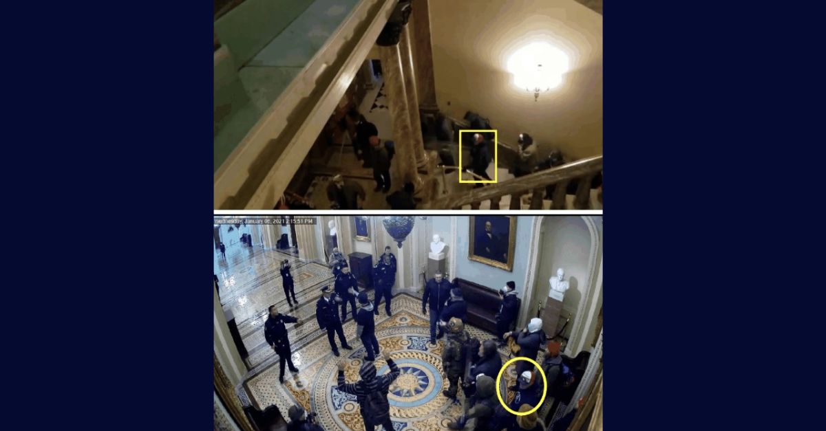 Justice Department trial exhibits depicting Bozell (yellow rectangle, top) ascending the stairs with the mob chasing Officer Eugene Goodman, and then confronting a line of officers in the Ohio Clock Corridor(yellow circle, bottom) on Jan. 6, 2021. 