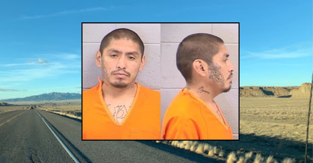 Background: GoogleMaps image shows coordinate-based location in New Mexico outside of Gallup where the FBI says Rydell Happy, inset, murdered a man before terrorizing a family driving along the highway. Inset: Rydell Happy booking photo courtesy of San Juan County Detention Center. 
