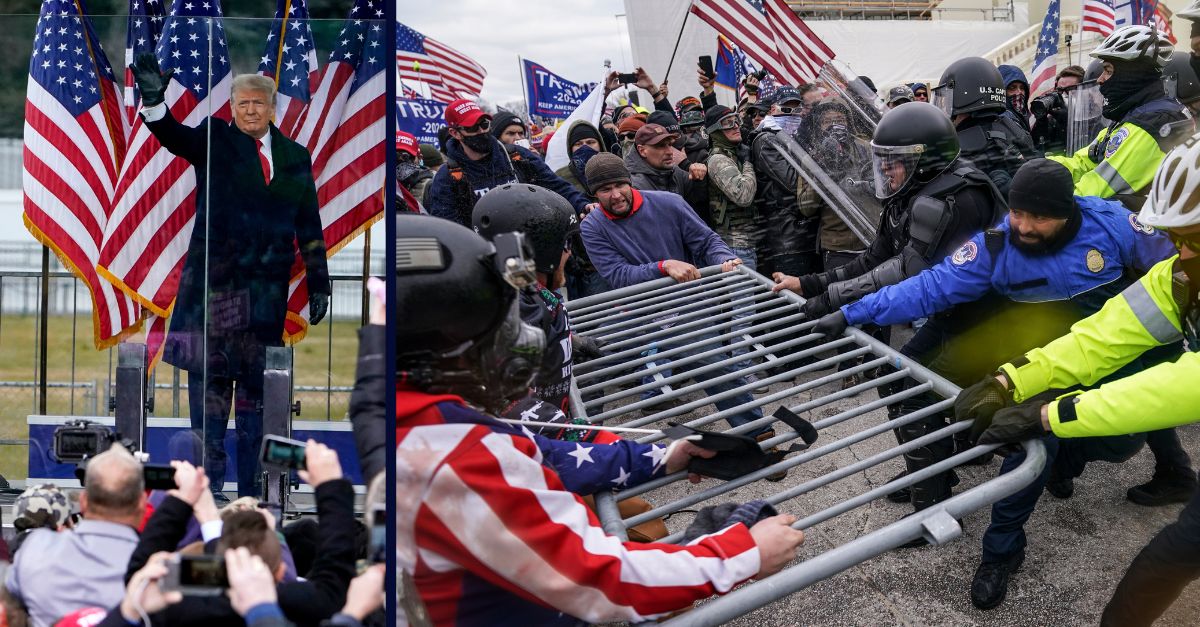 Left: President Donald Trump arrives to speak at a rally in Washington, on Jan. 6, 2021 (AP Photo/Jacquelyn Martin). Right: In this Jan. 6, 2021, file photo violent insurrectionists loyal to President Donald Trump supporters try to break through a police barrier at the Capitol in Washington, D.C. (AP Photo/John Minchillo).