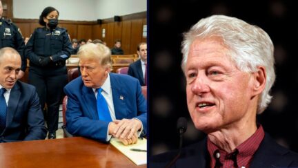 Left: Former President Donald Trump, center, talks with defense attorney Emil Bove, left, before the start of trial at Manhattan criminal court, Friday, May 3, 2024 in New York. (Mark Peterson/Pool Photo via AP)/Right: Former President Bill Clinton speaks during a campaign stop for his wife, Democratic presidential candidate Hillary Clinton, Wednesday, Jan. 13, 2016, at Keene State College in Keene, N.H. (AP Photo/Matt Rourke)