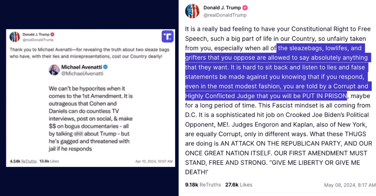 Left: A post from Donald Trump from April 10, 2024 on his social media site Truth Social invoking the same "sleazebag" language at Stormy Daniels, now a witness in his case. /Right: Trump's May 8, 2024 Truth Social post where he invokes the insult but does not name Daniels. Screengrabs from Truth Social.