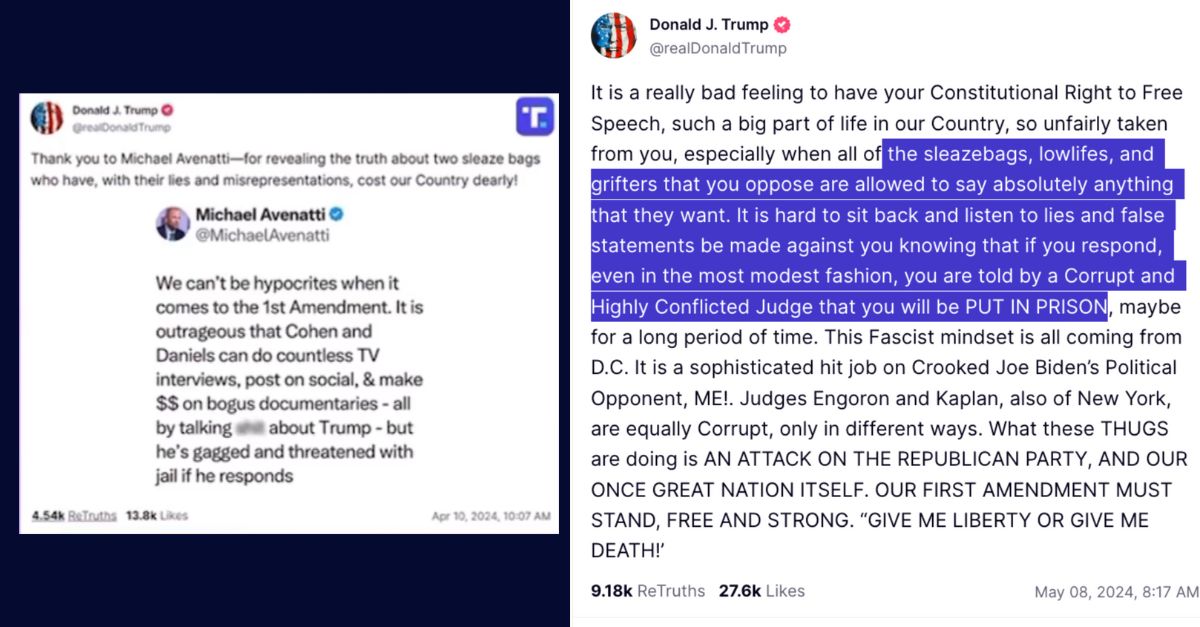 Left: A post from Donald Trump from April 10, 2024 on his social media site Truth Social invoking the same "sleazebag" language at Stormy Daniels, now a witness in his case. /Right: Trump's May 8, 2024 Truth Social post where he invokes the insult but does not name Daniels. Screengrabs from Truth Social. 