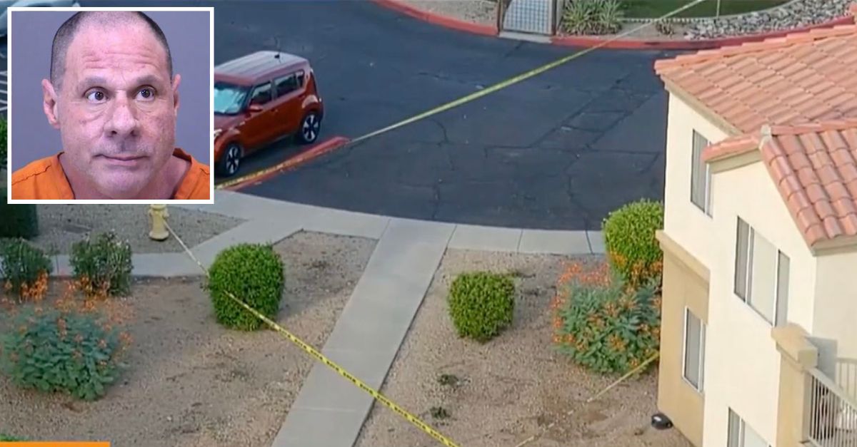 Robert McGrath (Maricopa County Sheriff's Office) and the apartment building where he allegedly killed his wife and mother-in-law (KTVK screenshot)
