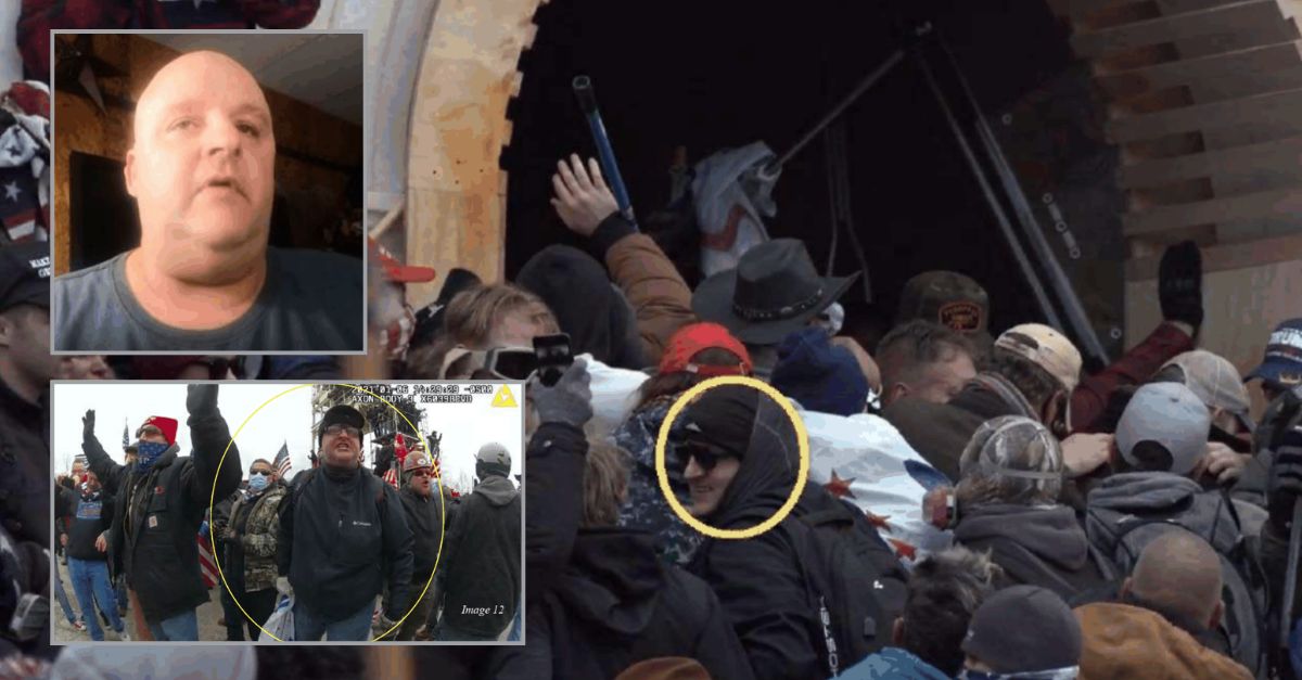 Top inset: Tommy Tatum appears on a Rumble video stream, July 2022. Bottom inset: Tatum, circled in yellow, allegedly taunting police at the U.S. Capitol, Jan. 6, 2021. Background: A smiling Tatum is circled in yellow outside of the U.S. Capitol on Jan. 6, 2021. All photos provided by the Justice Department.