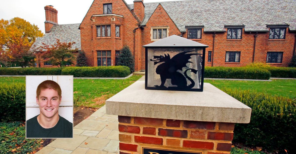 Inset: Timothy Piazza (Kearns Funeral Home). Background: Pennsylvania State University's shuttered Beta Theta Pi fraternity house in State College, Pa. (AP Photo/Gene J. Puskar, File).