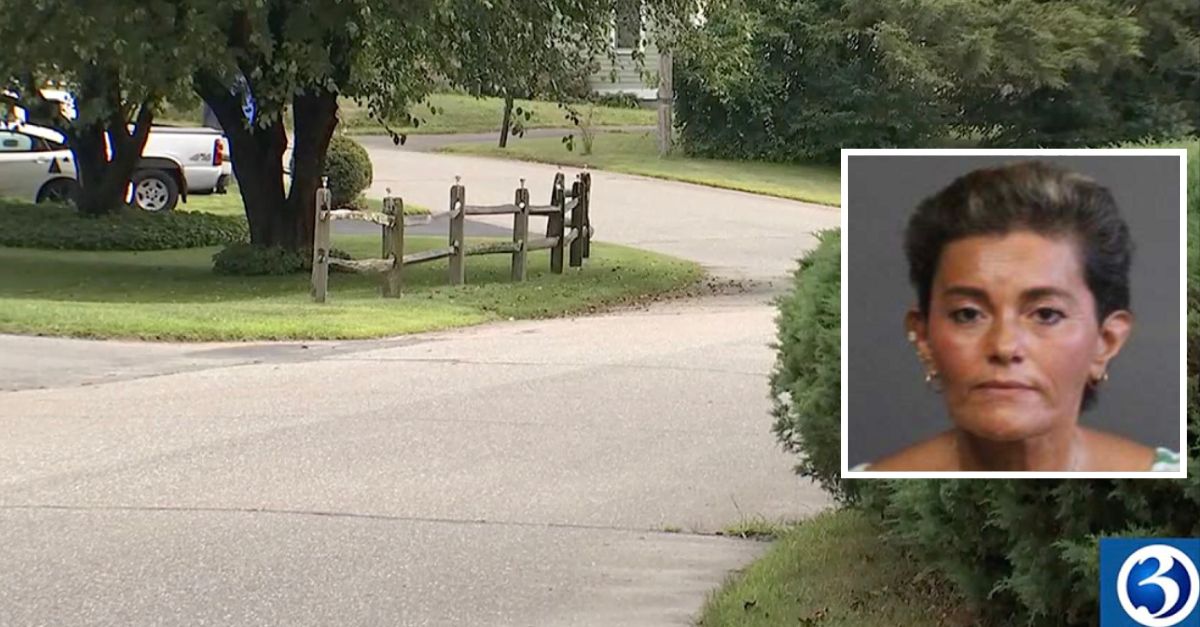 Inset: Maria V. Santiago (Connecticut State Police). Background: The area where she allegedly ran over a 2-year-old child in her care (WFSB).