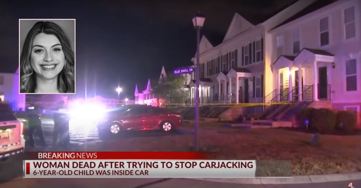 Alexa Stakely, inset, was killed trying to stop carjackers from taking her SUV with her sleeping 6-year-old son inside. (Crime scene screenshot from NBC4 Columbus/YouTube; Victim's photo from Canal Winchester Schools)