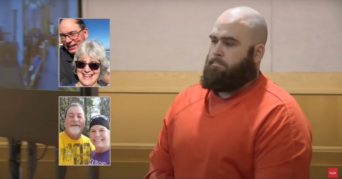 Joseph Eaton, appearing in court, was sentenced to life in prison for killing his mother and father, Cynthia Eaton and David Eaton, bottom inset, and their friends Robert Eger and Patricia Eger, top inset. (Courtroom screenshot and victims' photos from WCSH/YouTube)