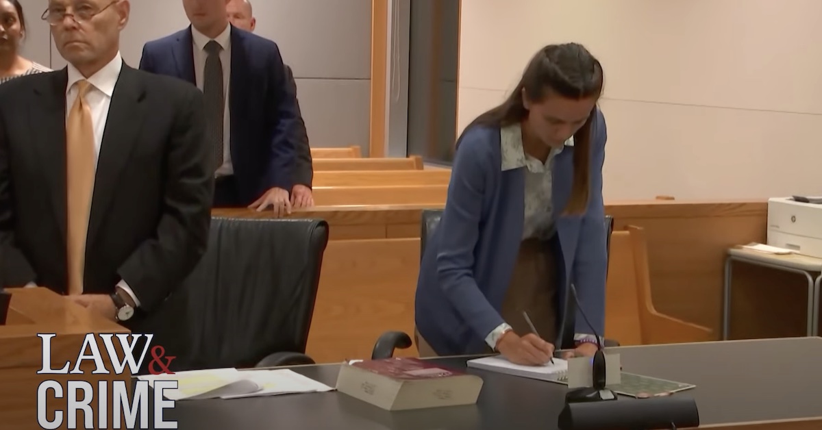 Ashley Benefield writes on note pad after guilty verdict