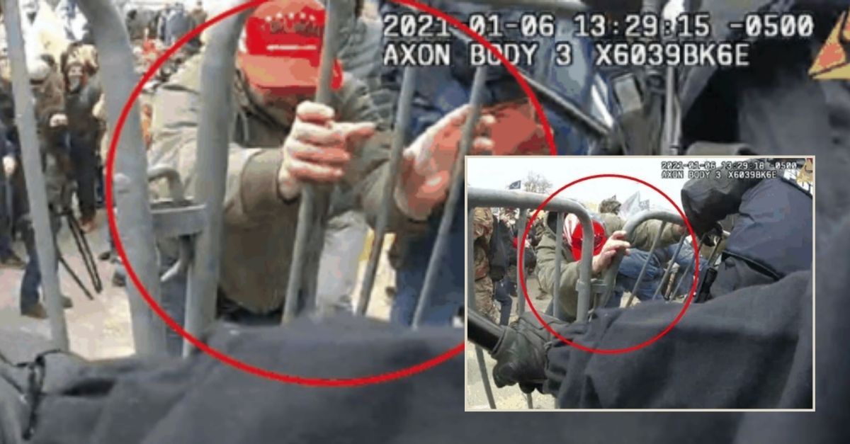 Screenshots in background and inset from body worn camera footage on Jan. 6, 2021, at U.S. Capitol shows Garth Nathaniel Walton, circled in red, allegedly using bike rack barrier to push into police. Courtesy U.S. Justice Department.