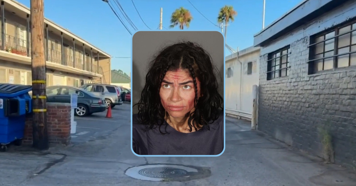 Inset: Courtney Perrone (Santa Monica Police Department). According to police, the alley where she attempted to kidnap an 8-year-old girl (CBS News).